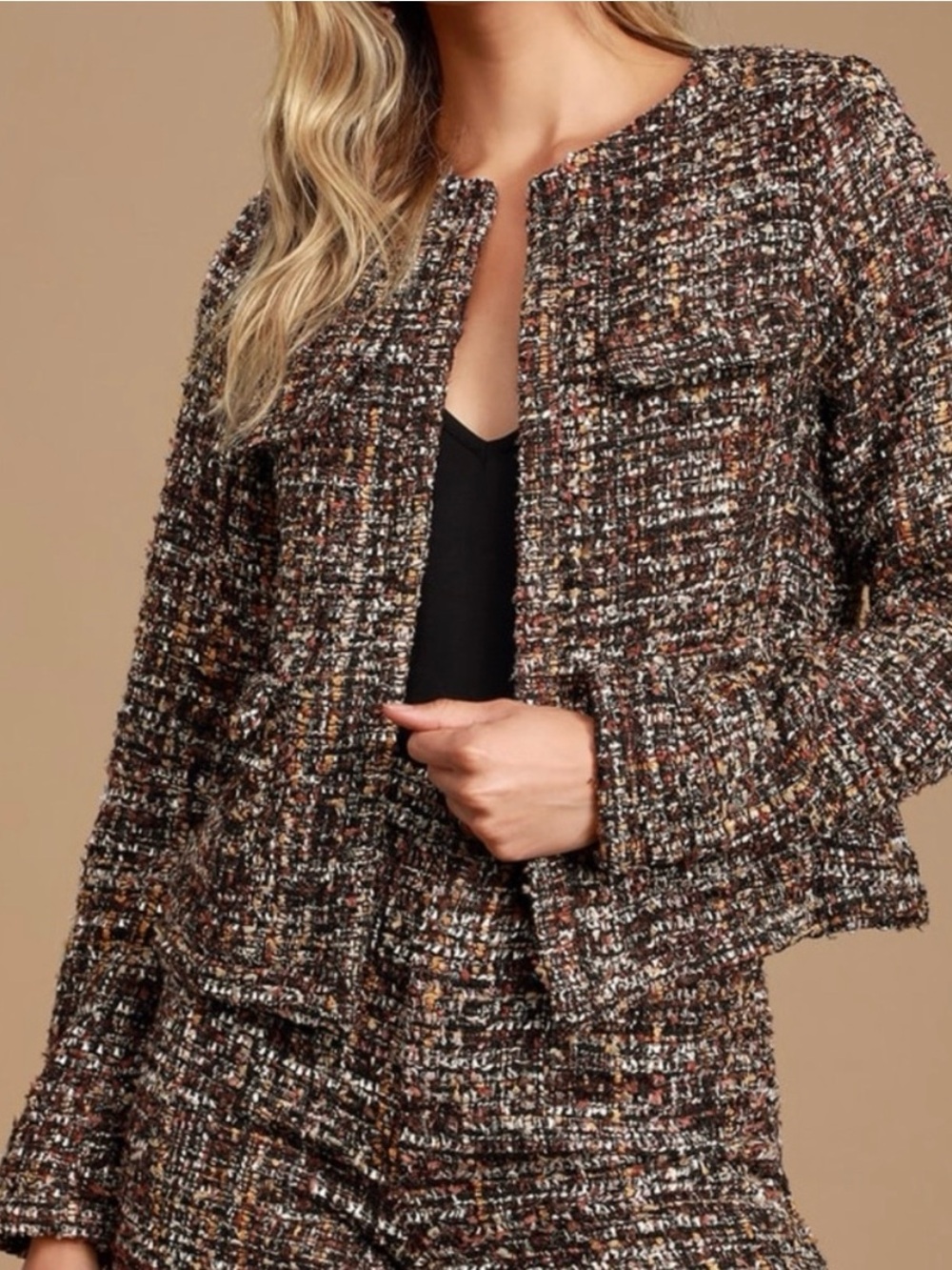 Lulu's Brown Multicolor Tweed Collarless Blazer